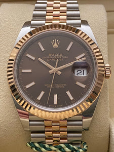 Rolex Oyster Perpetual Datejust 41 in Everose Rolesor features a chocolate dial and a Jubilee bracelet. Model# 126331, 2018 PRE-OWNED LUXURY WATCH