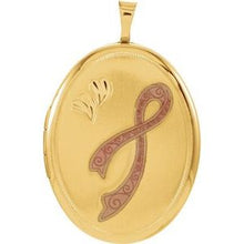 Load image into Gallery viewer, 14K Yellow Gold-Plated Sterling Silver 26x20 mm Oval Breast Cancer Awareness Locket
