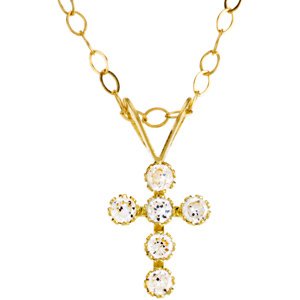 14K Yellow 1.5 mm Round Cubic Zirconia Cross 15" Necklace