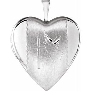 Sterling Silver 21.6x19.6 mm Heart Locket with Cross & Dove