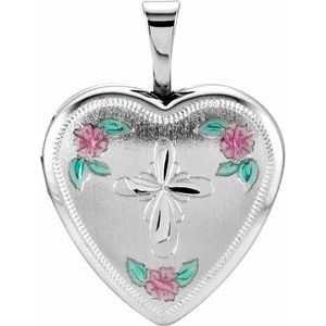 Sterling Silver 15.75 mm Tri-Color Cross & Roses Locket
