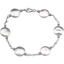 Load image into Gallery viewer, Sterling Silver 12-13 mm Freshwater Cultured White Coin Pearl Station 7.5&quot; Bracelet
