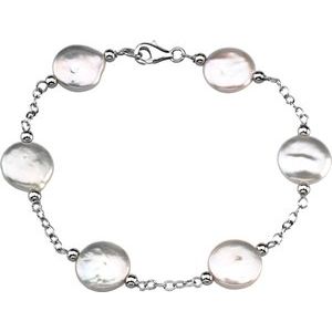 Sterling Silver 12-13 mm Freshwater Cultured White Coin Pearl Station 7.5" Bracelet