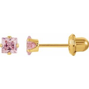 14K Yellow 3x3 mm Square Pink Cubic Zirconia Piercing Stud Earrings