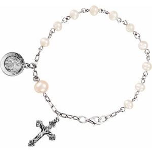 Sterling Silver Freshwater Cultured Pearl First Holy Communion Rosary 6 1/2" Bracelet