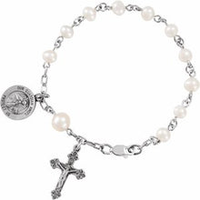 Load image into Gallery viewer, Sterling Silver Freshwater Cultured Pearl Our Guardian Angel Rosary 6&quot; Bracelet
