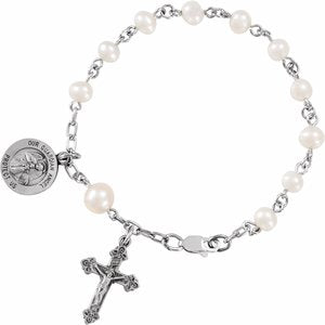 Sterling Silver Freshwater Cultured Pearl Our Guardian Angel Rosary 6" Bracelet