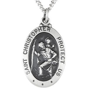 Sterling Silver 25x18 mm Oval St. Christopher 24" Necklace