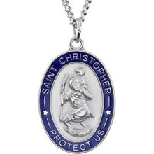 Charger l&#39;image dans la galerie, Sterling Silver with Blue Epoxy 26x20 mm St. Christopher Medal 24&quot; Necklace
