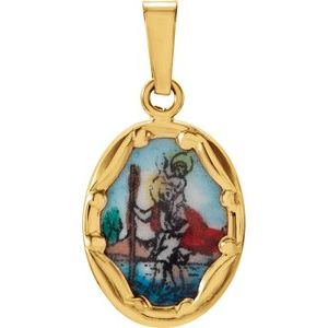 14K Yellow 13x10 mm St. Christopher Hand-Painted Porcelain Medal