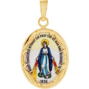 14K Yellow 17x13.5 mm Oval Hand Painted Porcelain Miraculous Medal