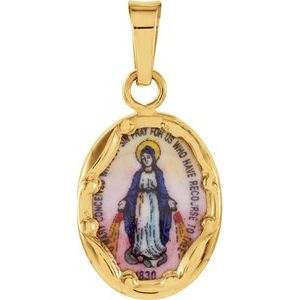 14K Yellow 13x10 mm Oval Hand Painted Porcelain Miraculous Medal