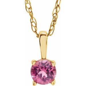 14K Yellow 3 mm Round October Genuine Pink Tourmaline Youth Birthstone 14" Necklace