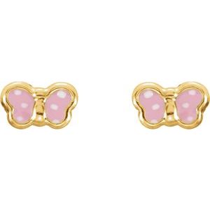 14K Yellow Pink Enamel Butterfly Earrings