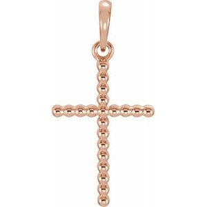 14K Rose 17.5x12.1 mm Beaded Cross Pendant