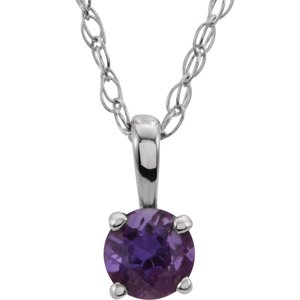 14K White 3 mm Round February Genuine Amethyst Youth Birthstone 14" Necklace