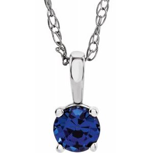14K White 3 mm Round September Imitation Blue Sapphire Youth Birthstone 14" Necklace