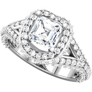 14K White 5.5x5.5 mm Asscher Cubic Zirconia & 1 CTW Diamond Engagement Ring