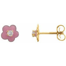 Charger l&#39;image dans la galerie, 14K Yellow 2 mm Round Cubic Zirconia Youth Pink Enamel Flower Earrings
