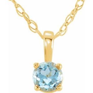 14K Yellow 3 mm Round March Genuine Aquamarine Youth Birthstone 14" Necklace