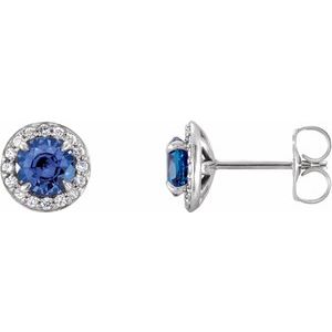 14K White 5 mm Round Blue Sapphire & 1/8 CTW Diamond Earrings