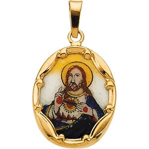14K Yellow 17x13.5 mm Sacred Heart of Jesus Hand-Painted Porcelain Pendant