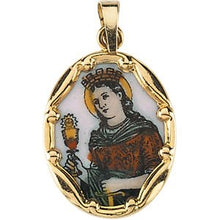 Load image into Gallery viewer, 14K Yellow 17x13.5 mm Oval Hand Painted Porcelain St. Barbara Medal
