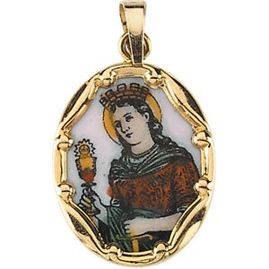 14K Yellow 17x13.5 mm Oval Hand Painted Porcelain St. Barbara Medal