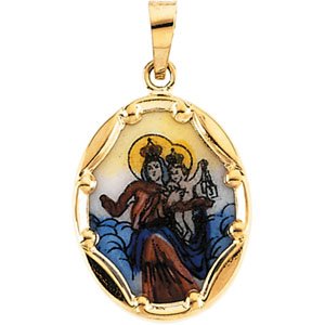 14K Yellow 17x13.5 mm Oval Hand Painted Porcelain Scapular Medal