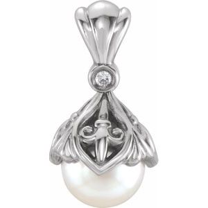 Sterling Silver 7-7.5 mm Freshwater Cultured Pearl & .02 CTW Diamond Fleur-de-lis Pendant
