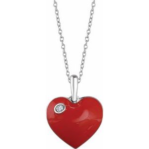 Sterling Silver .02 CT Diamond Red Enamel Heart 18" Necklace