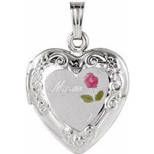 Load image into Gallery viewer, Sterling Silver 27x18.7 mm Mom Heart Locket with Rose
