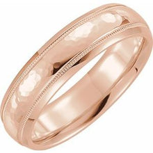 Load image into Gallery viewer, 18K Rose 8 mm Half Round Band with Hammer Finish &amp; Milgrain Size 12.5
