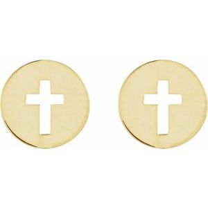 14K Yellow 8 mm Pierced Cross Disc Earrings