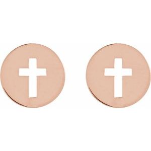 14K Rose 8 mm Pierced Cross Disc Earrings