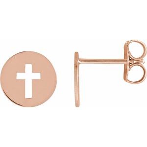 14K Rose 8 mm Pierced Cross Disc Earrings