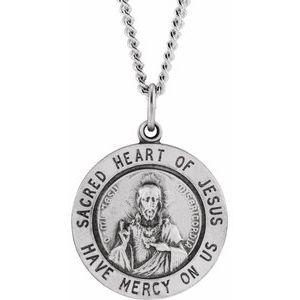 Sterling Silver 22 mm Round Sacred Heart of Jesus 24