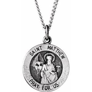 Sterling Silver 15 mm Round St. Matthew Medal Necklace