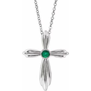 Sterling Silver Emerald Cross 16-18" Necklace