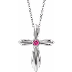 Sterling Silver Pink Tourmaline Cross 16-18