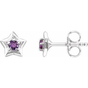 Sterling Silver 3 mm Round February Youth Star Birthstone Earrings