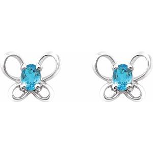 Sterling Silver 4x3 mm Oval March Youth Butterfly Birthstone Earrings