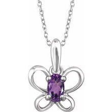 Load image into Gallery viewer, Sterling Silver 4x3 mm Oval February Youth Butterfly Birthstone 15&quot; Necklace
