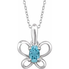 Load image into Gallery viewer, Sterling Silver 4x3 mm Oval March Youth Butterfly Birthstone 15&quot; Necklace

