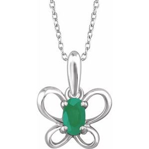 Sterling Silver 4x3 mm Oval May Youth Butterfly Birthstone 15" Necklace