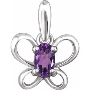 Sterling Silver 4x3 mm Oval February Youth Butterfly Birthstone Pendant