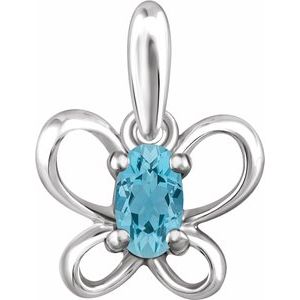 Sterling Silver 4x3 mm Oval March Youth Butterfly Birthstone Pendant