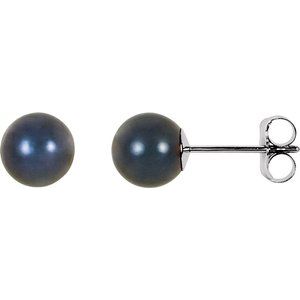 14K White 6 mm Black Akoya Cultured Pearl Earrings