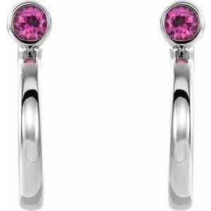 Sterling Silver 2 mm Round Pink Tourmaline Bezel-Set Hoop Earrings