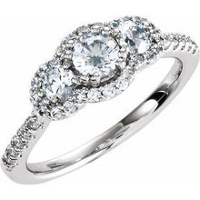 Load image into Gallery viewer, Sterling Silver 4.4 mm Round Cubic Zirconia Three-Stone Halo-Style Ring Size 6
